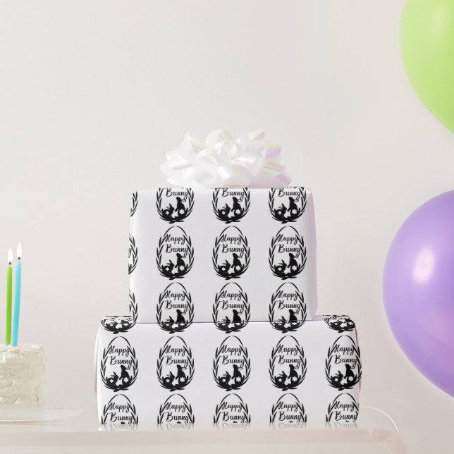 Papier Cadeau Lapin Joyeux Noir et Blanc Pâques (Cadeaux de fête)