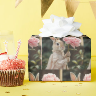 Papier Cadeau Lapin tenant une pivoine rose
