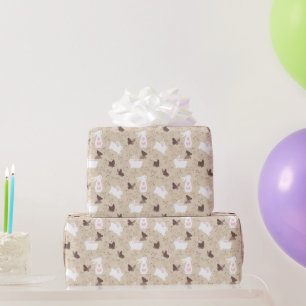 Papier Cadeau Lapins Blancs Papillons Brown Sur Tan