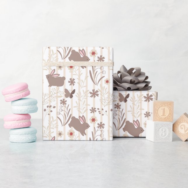 Papier Cadeau Lapins Brown sur bande tan et blanche (Baby Shower)