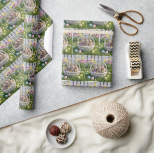 Papier Cadeau Lapins dans un panier de Pâques sur l'herbe