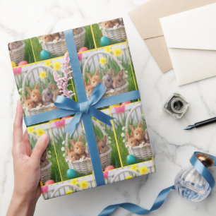 Papier Cadeau Lapins de Pâques dans un panier en osier