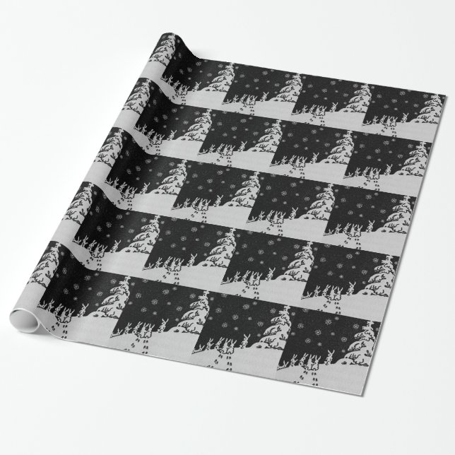 Papier Cadeau Lapins et Arbre de Noël Art d'hiver (Déroulé)