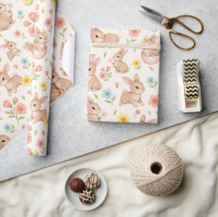 Papier Cadeau Lapins et fleurs à l'aquarelle - Motif mignon