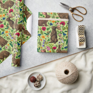 Papier Cadeau Lapins et fleurs sauvages sur le vert miel