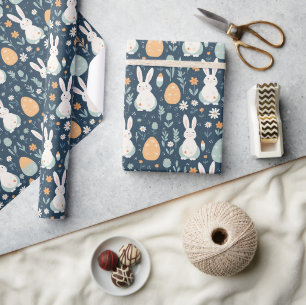 Papier Cadeau Lapins Et Oeufs Jardin Bleu Et Orange