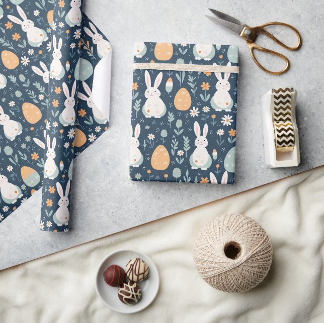 Papier Cadeau Lapins Et Oeufs Jardin Bleu Et Orange (Artisanat)