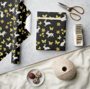 Papier Cadeau lapins et papillons jaunes