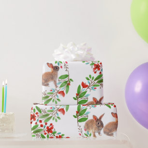 Papier Cadeau Lapins Fleurs de Cerisier Rouges Feuilles Vertes