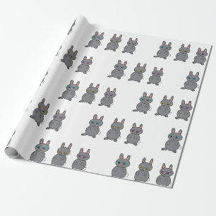 Papier Cadeau Lapins Gris Portant des lunettes Bleu Jaune Violet
