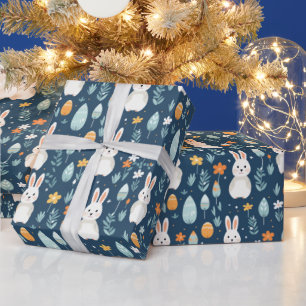 Papier Cadeau Lapins Oeufs Fleurs Bleues Et Oranges