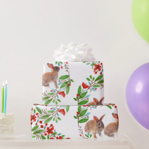 Papier Cadeau Lapins rouge cerise fleurs Feuilles verts