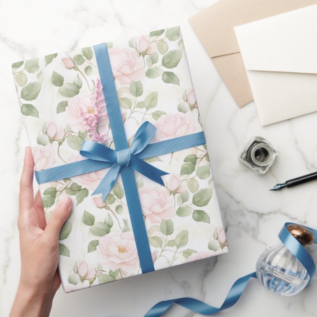 Papier Cadeau Lavage Rose Fleurs Blanches Baby Shower (Cadeaux)