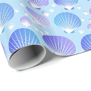 Papier Cadeau Lavande et coquillages bleus sur fond bleu pâle