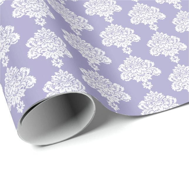 Papier Cadeau Lavande | Papier blanc à enveloppement de Damas (Coin rond)