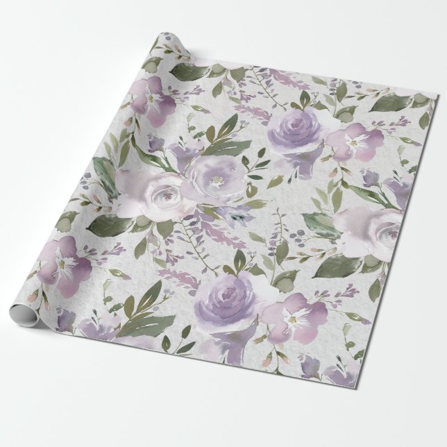 Papier Cadeau Lavande Purple Lilac Aquarelle Florale Fleurs (Déroulé)