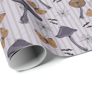 Papier Cadeau Lavande rayée Halloween champignon et papillon