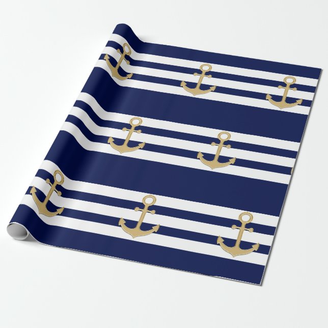 Papier Cadeau Le blanc nautique de bleu marine barre l'Ancre (Déroulé)