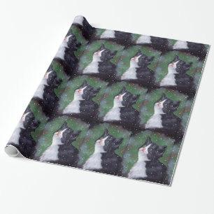 Papier Cadeau Le chat de smoking regardant la neige, huilent