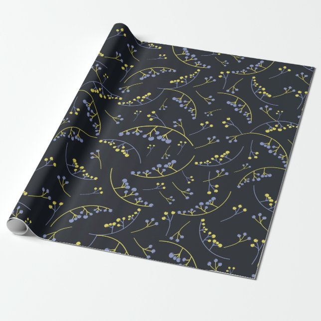 Papier Cadeau Le lilas jaune pastel moderne sur les baies noires (Déroulé)