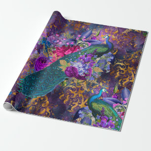 Papier Cadeau Le paon et les fleurs en violet