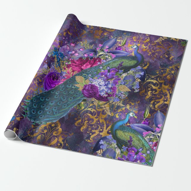 Papier Cadeau Le paon et les fleurs en violet (Déroulé)