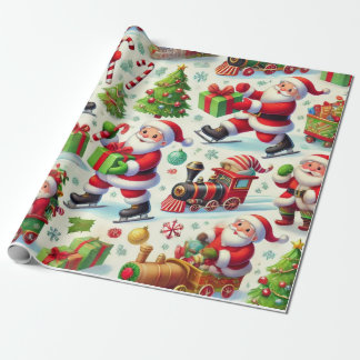 Papier Cadeau Le Père Noël dans des poses ludiques et fantaisist