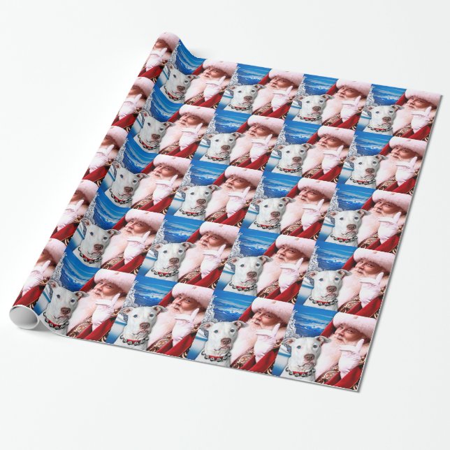 Papier Cadeau Le père noël et chien blanc de Pitbull Terrier (Déroulé)