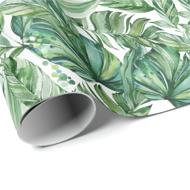 Papier Cadeau Le vert tropical laisse l'aquarelle (Coin rond)