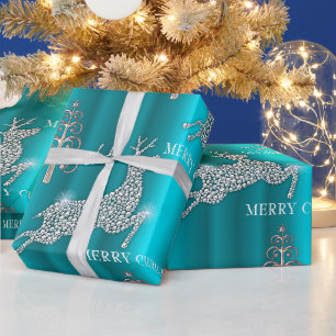 Papier Cadeau Leaping Reindeer Sparkles Merry Christmas Aqua