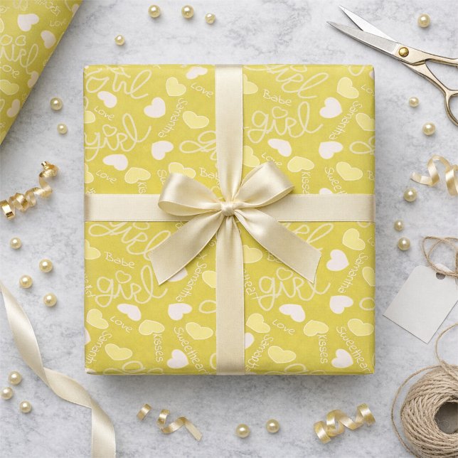 Papier Cadeau Lemon Yellow Love (Customizable love notes on lemon yellow wrapping paper. Cute, girly, and ready to make any gift pop.)