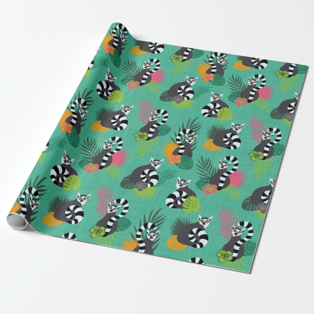 Papier Cadeau Lémurs tropicaux - Aquamarine (Déroulé)