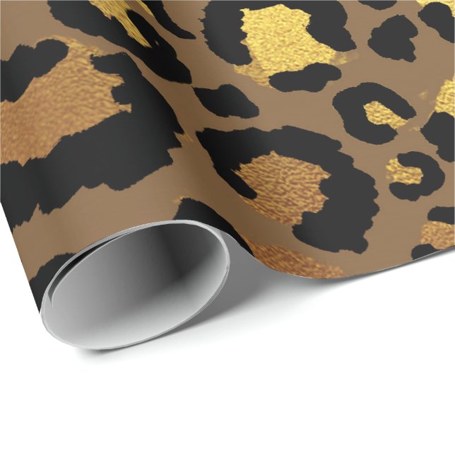 Papier Cadeau Léopard Animal Peau Or Bronze Noir Africain Lux (Coin rond)