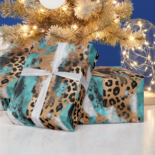 Papier Cadeau Leopard blanc d'or turquoise (Vacances)