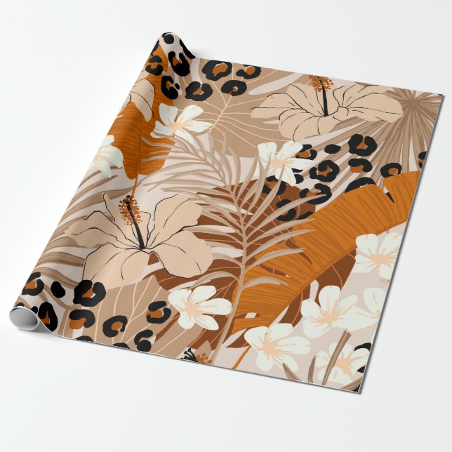 Papier Cadeau Léopard fourrure tropicale feuille fleurs d'hibisc (Déroulé)