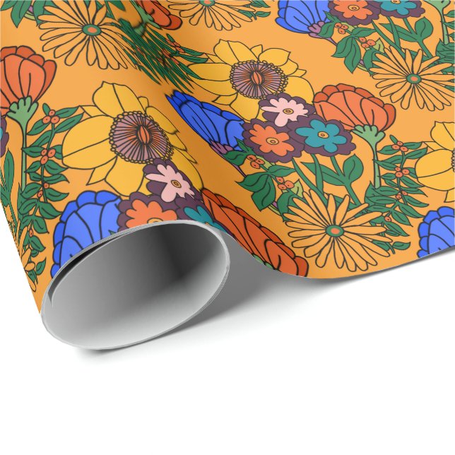 Papier Cadeau les années 70 Oreiller Jaune Fleur Retro (Coin rond)