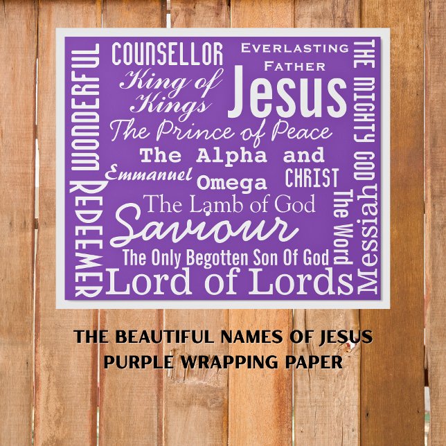 Papier Cadeau Les Beaux Noms de Jésus pourpre (Jesus Names Purple Wrapping Paper)