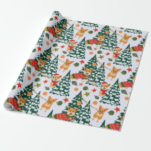 Papier Cadeau Les Corgis décorent l'arbre de Noël - motif blanc