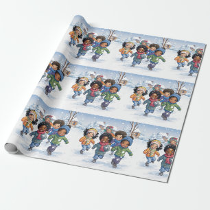 Papier Cadeau Les enfants afro-américains jouent dans la neige