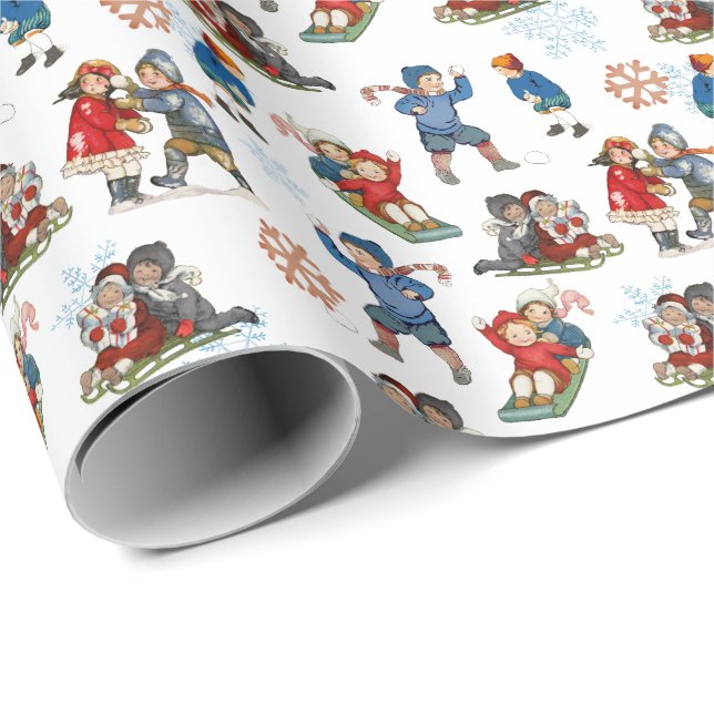 Papier Cadeau Les enfants d'hiver Sled Snowball Fun de neige (Coin rond)