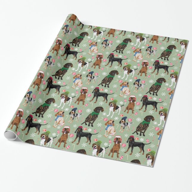 Papier Cadeau Les Fêtes de Noël Coonhounds Green (Déroulé)