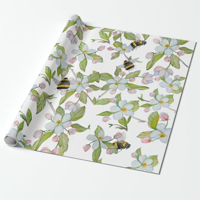 Papier Cadeau Les fleurs du jardin de printemps et les bourdons (Déroulé)