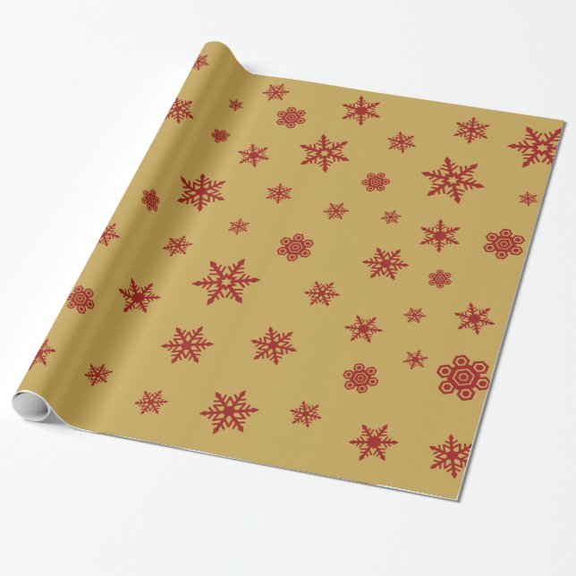 Papier Cadeau Les flocons de neige modèlent le rouge sur l'or (Déroulé)