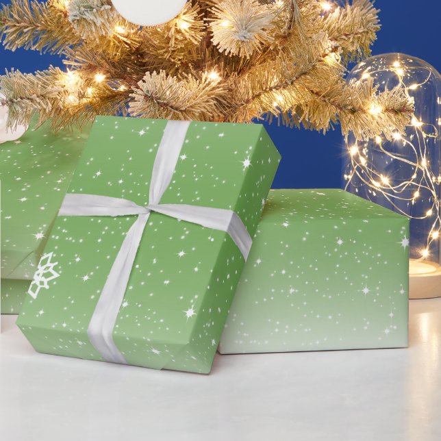 Papier Cadeau Les flocons de neige sur Vert et Blanc dégradé (Vacances)