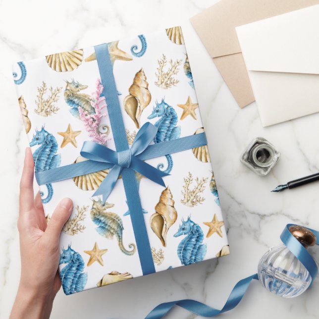 Papier Cadeau Les hippocampes et l'écrevisse en blanc (Cadeaux)
