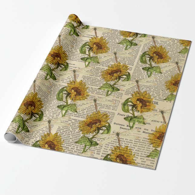 Papier Cadeau Les libellules des tournesols style terroir de l'a (Déroulé)