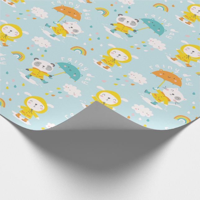 Papier Cadeau Les mignons animaux sous la pluie (Coin)