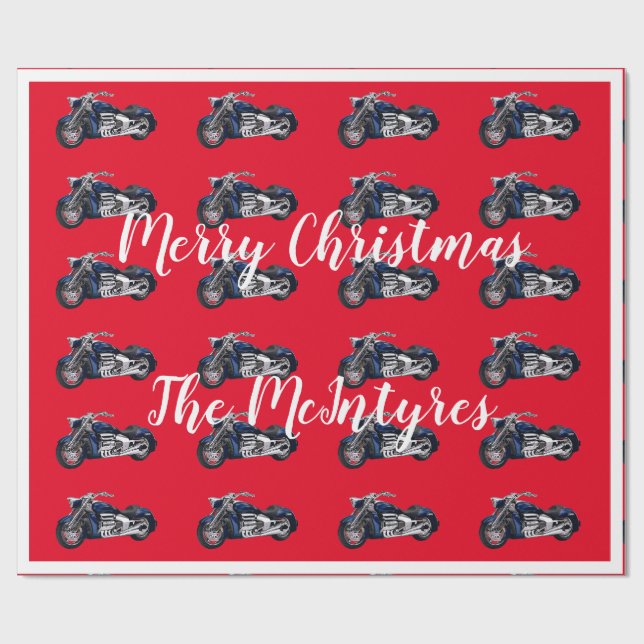 Papier Cadeau Les motos bleues à Noël rouge (Plat)
