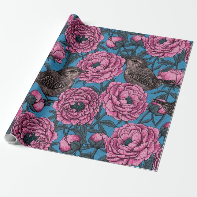 Papier Cadeau Les pivoines et les brindilles sur le bleu (Déroulé)