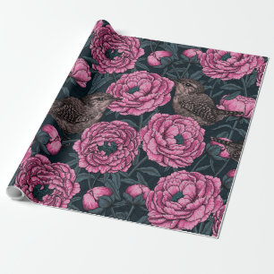 Papier Cadeau Les pivoines et les brins sur gris foncé